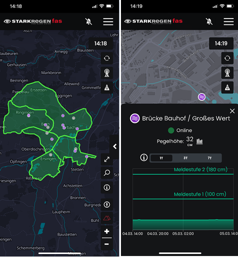 Darstellung Starkregen-App Bildschirmansicht der Starkregen-App